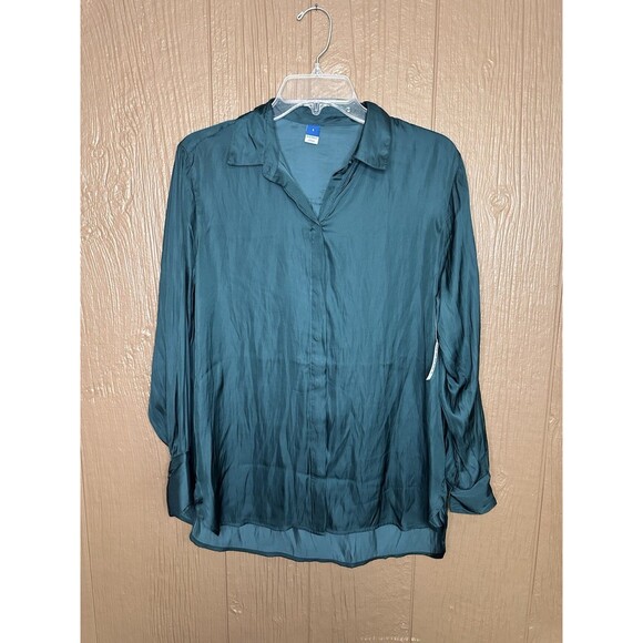 NWT Old Navy Womens Loose Satin Button-Down Shirt Dark Green Size Small‎ Office - Picture 1 of 6